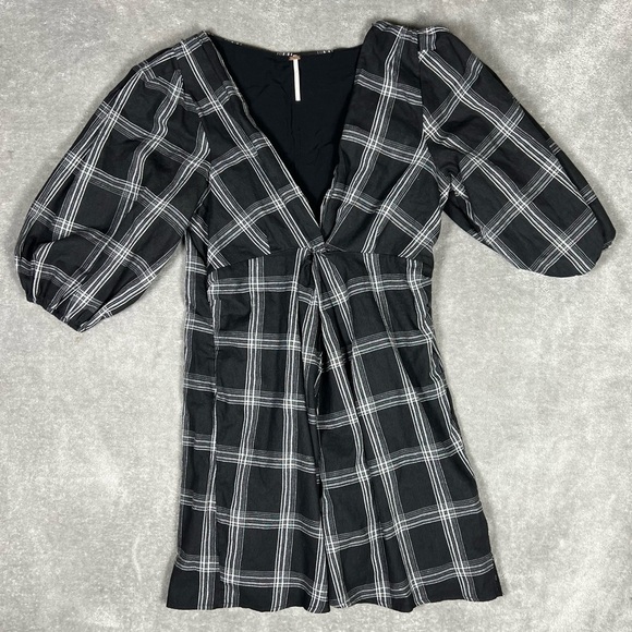 Free People Dress Womens 10 Miss Molly Black Plaid Puff Sleeve Grunge Punk Fall - Picture 3 of 9
